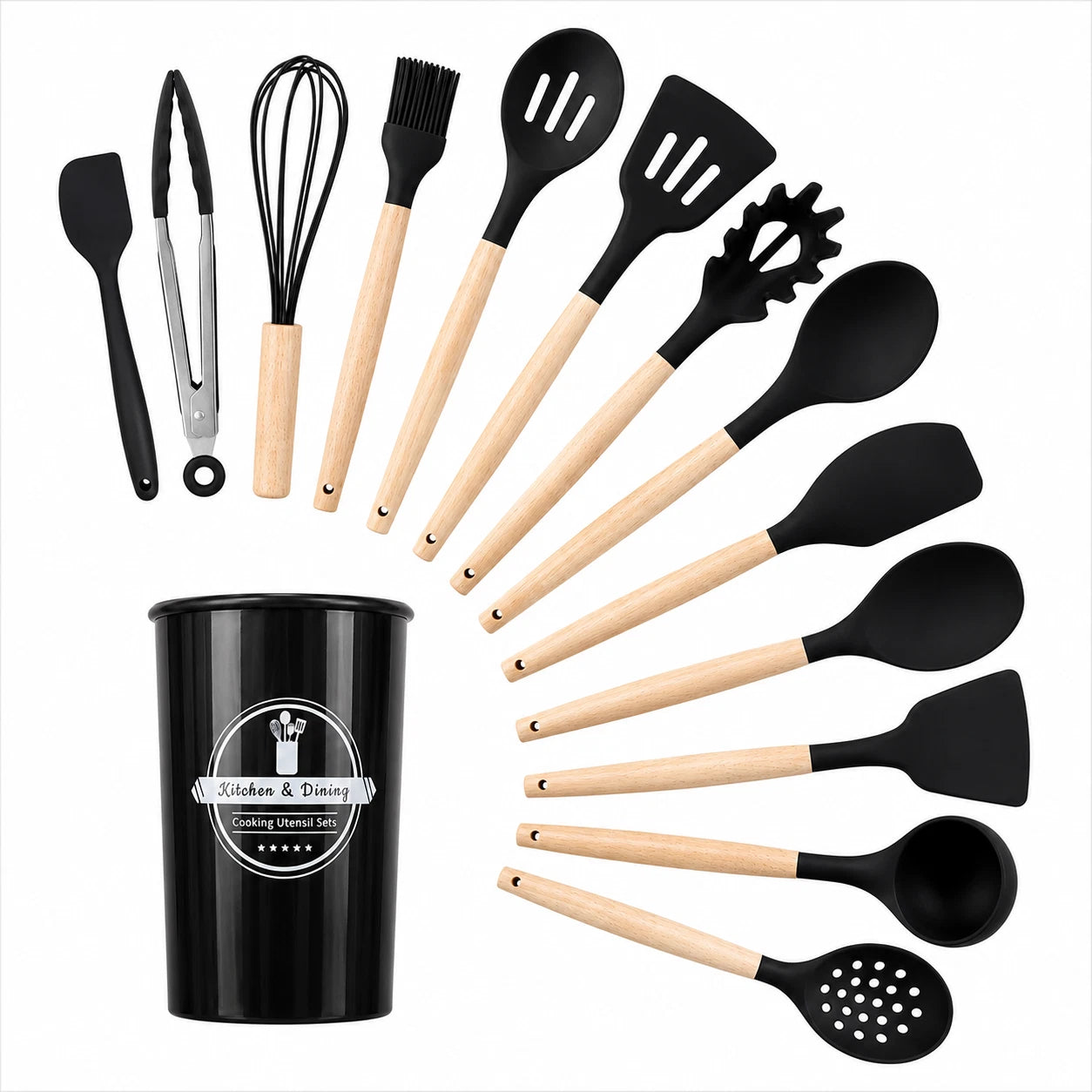 Set of 12 Silicone Utensils Set Wooden Cooking Kitchen Baking Cookware +2 Free
