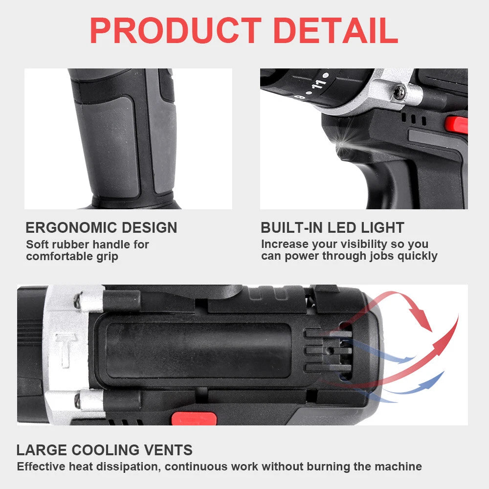 36V CORDLESS DRILL HEAVY DUTY IMPACT DRIVER KIT BRUSHLESS HAMMER +2 BATTERY KIT