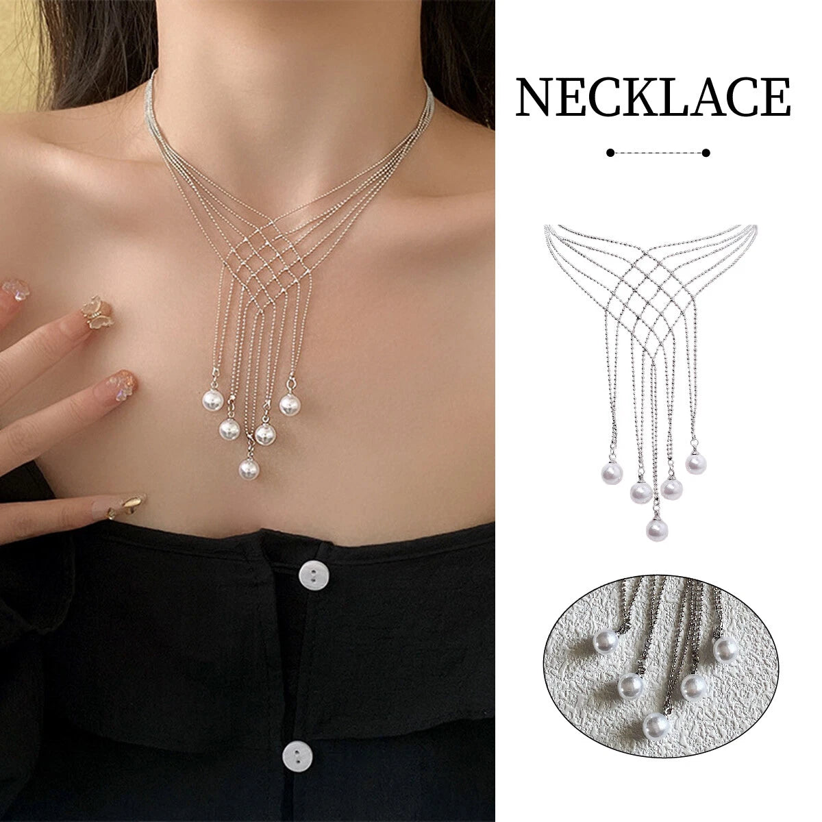 Hollow Imitation Pearl Fringe Multi Layer Necklace Fashion Jewellery for Women