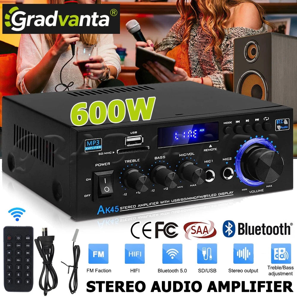 600W 2 Channel Bluetooth Mini HIFI Power Amplifier Audio Stereo Amp Home Car FM