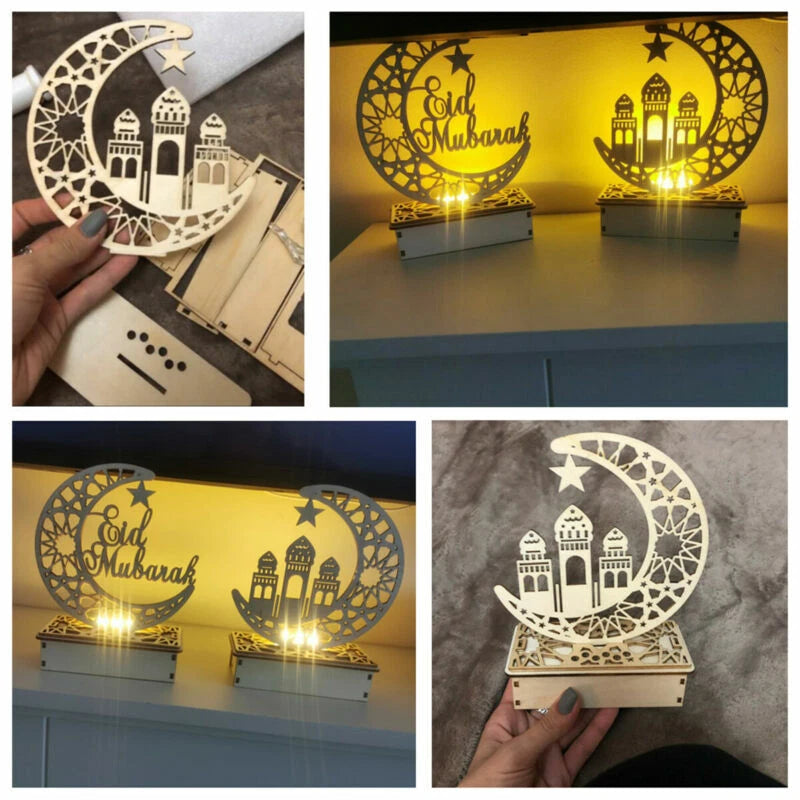 Ramadan Eid Mubarak Moon Castle LED Light Wooden Muslim Islamic Party Decoration