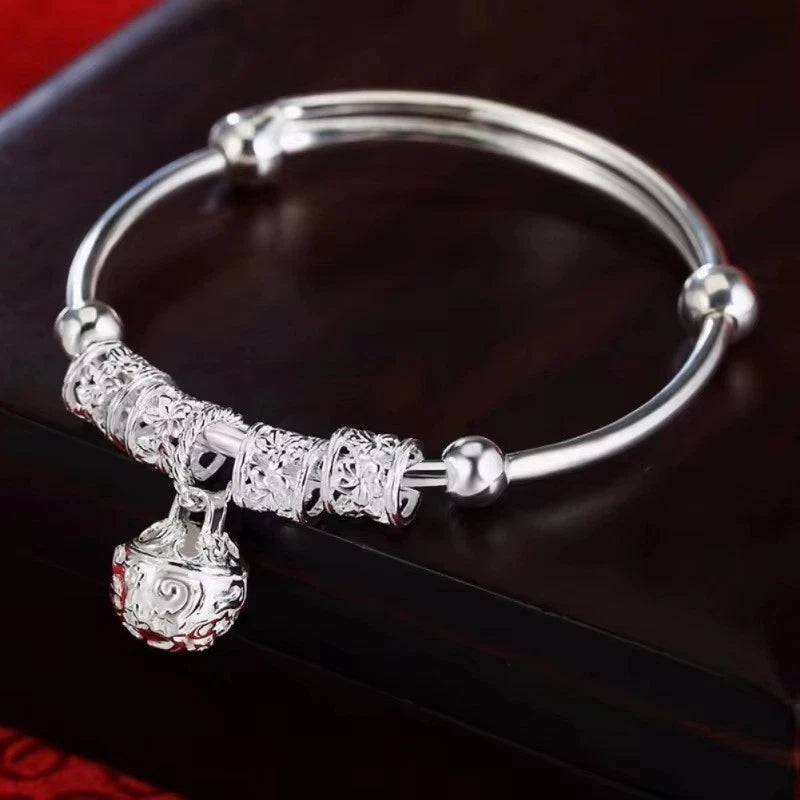 925 Sterling Silver Hollow Bell Bangle – Adjustable Bracelet for Women