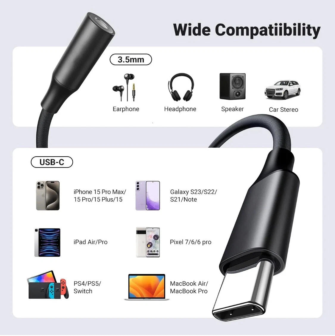 USB Type C TO 3.5mm Female Headphone Jack Adapter AUX Stereo Speaker Audio Cable