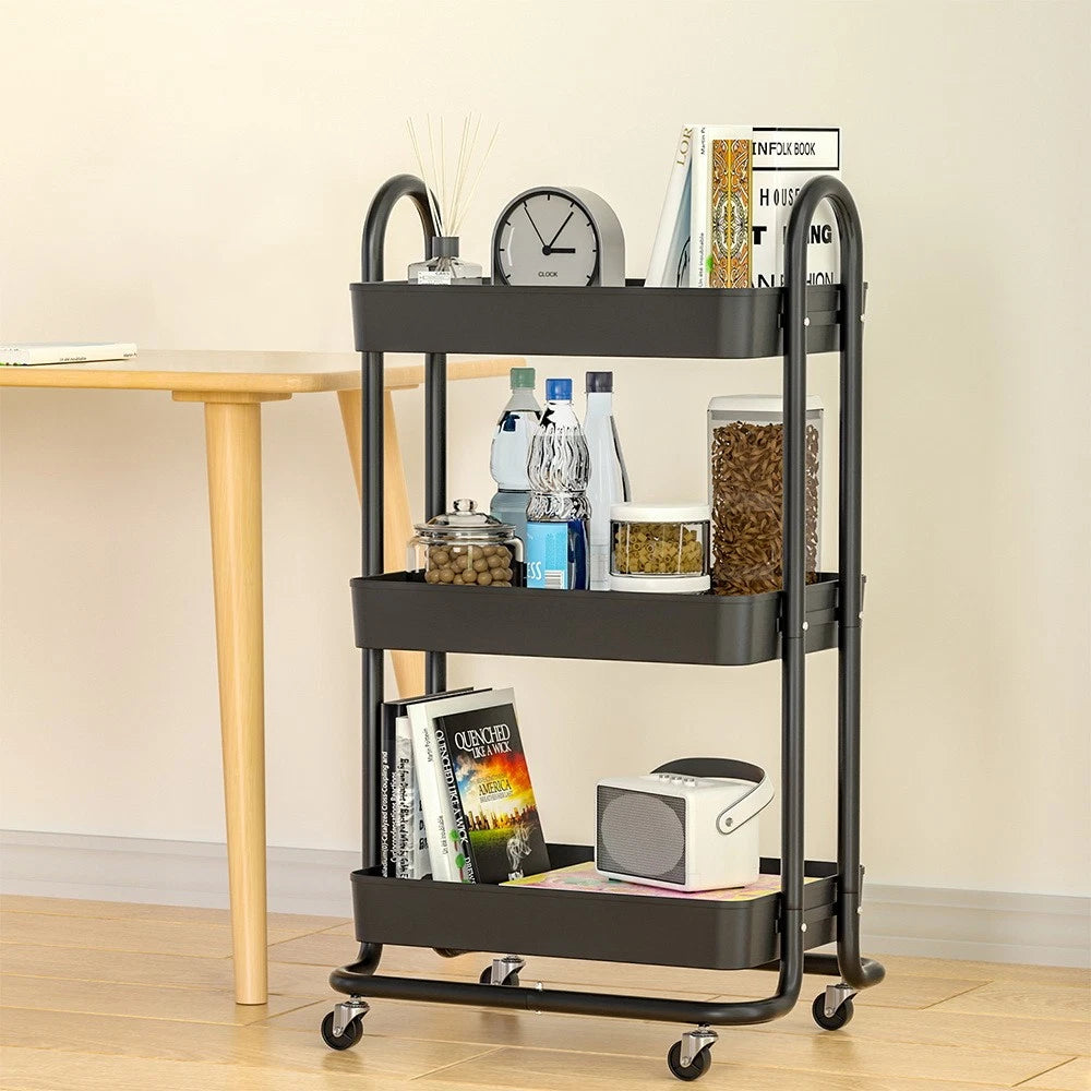 Artiss Storage Trolley Kitchen Cart 3 Tiers Rack Shelf Organiser Wheels Black