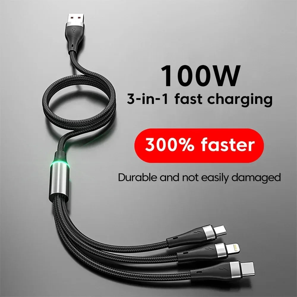 3 in 1 100W Type C Micro USB A/C Fast Charging Cable For Samsung iPhone 17