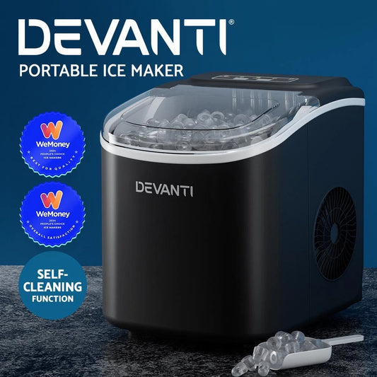 Devanti Portable Ice Maker Machine Ice Cube Tray 12kg Bar Countertop Black