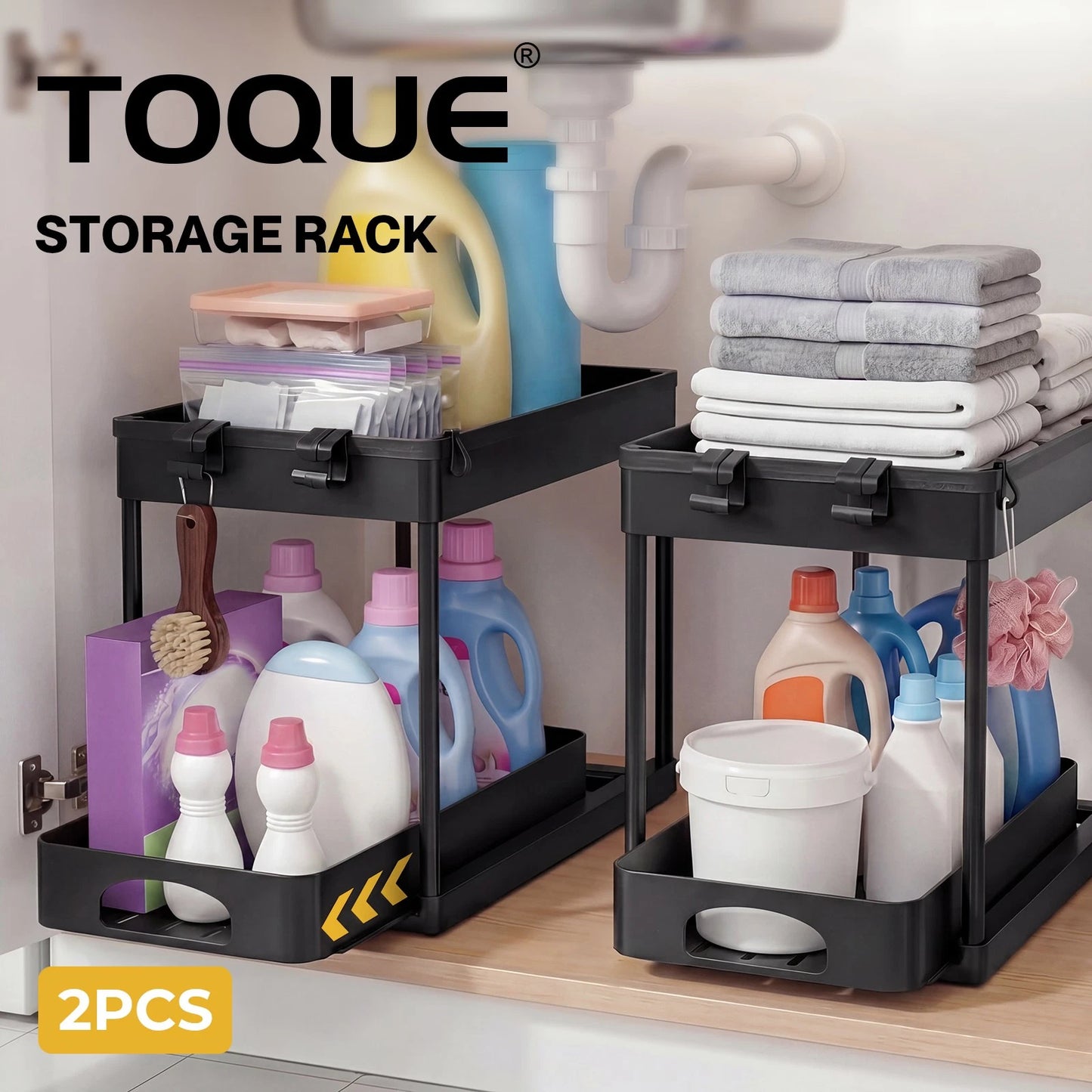 Toque 2 x Under Sink Organizer 2 Tiers Storage Sliding Drainage Kitchen Bathroom