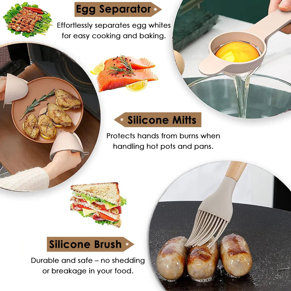 Set of 36 Silicone Utensils Set Wooden Cooking Kitchen Baking Cookware 2 Colours