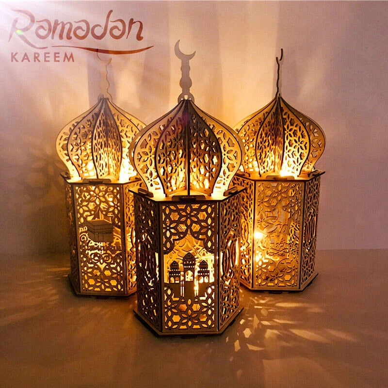 Eid Mubarak Muslim Led Night Lamp Ramadan Decoration Light Wooden Lantern Gift