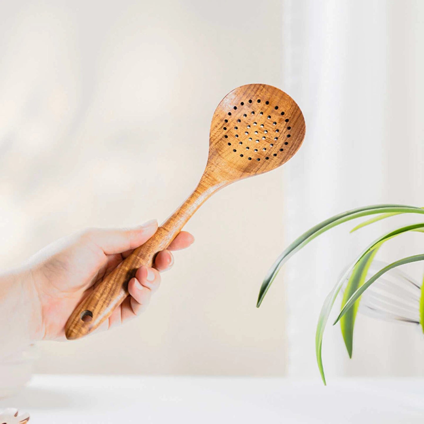 Natural Wooden Kitchen Utensil with Spoon Rest Holder 9pcs Cooking Spoon Set
