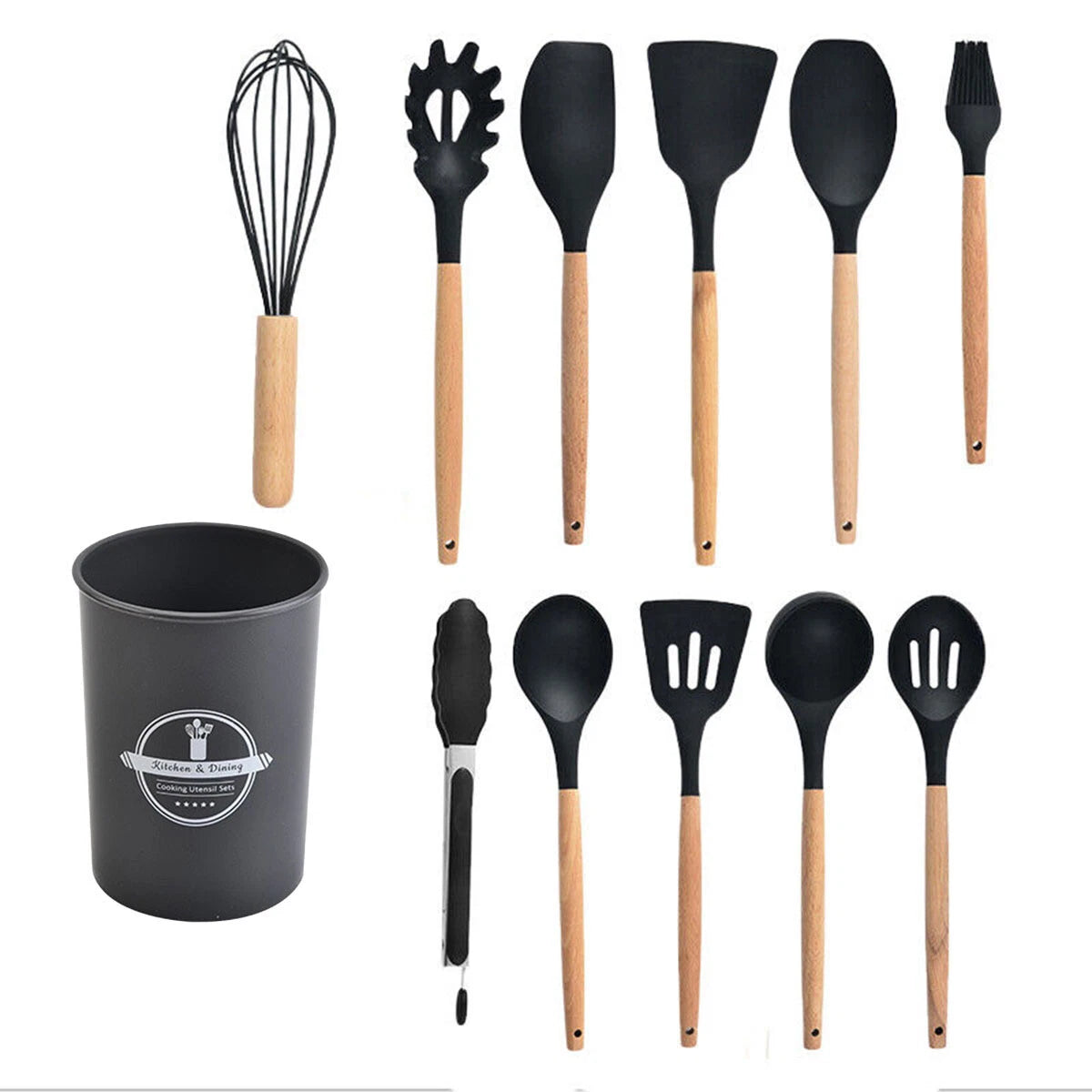 Set of 12 Silicone Utensils Set Wooden Cooking Kitchen Baking Cookware +2 Free