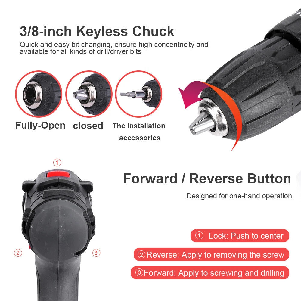 36V CORDLESS DRILL HEAVY DUTY IMPACT DRIVER KIT BRUSHLESS HAMMER +2 BATTERY KIT