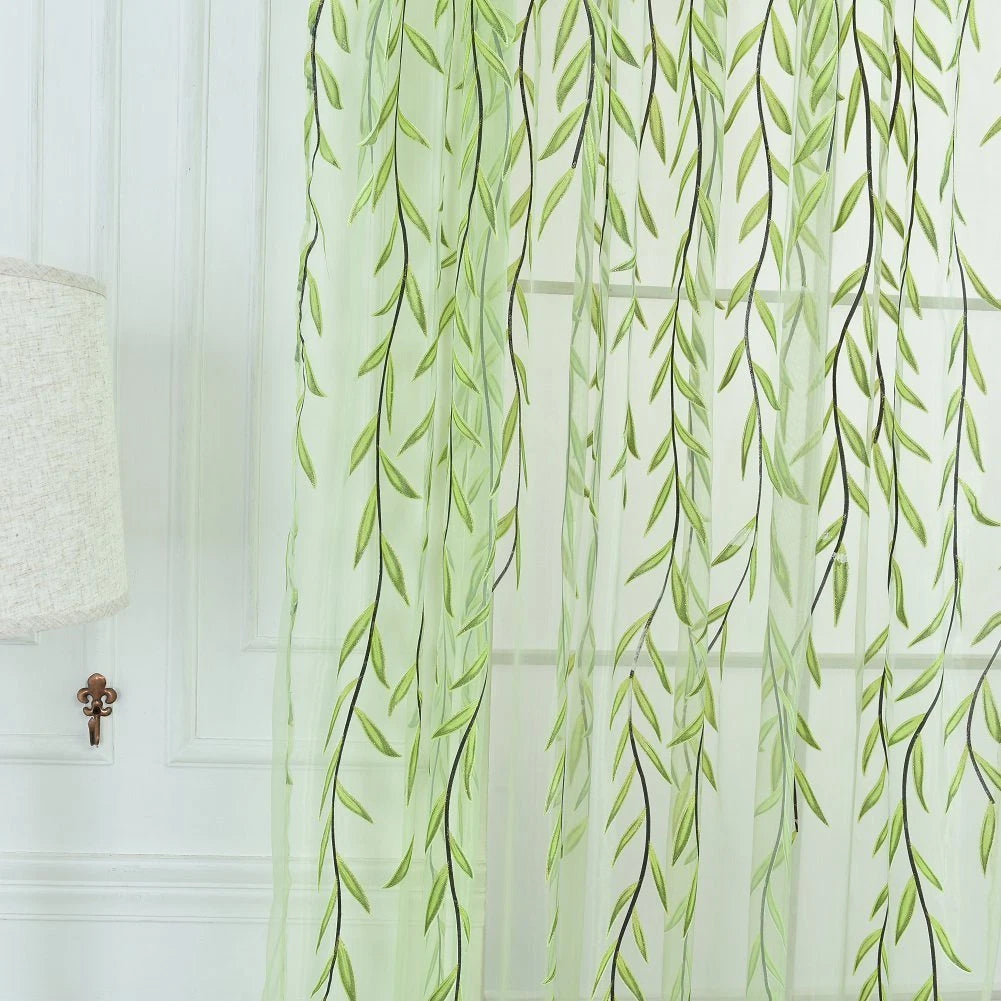 Willow Twigs Voile Sheer Door Window Curtain Drape Green Wall Decor