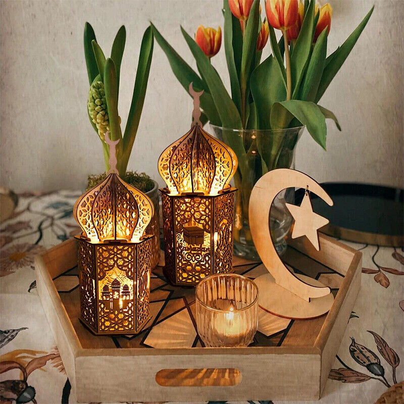 Eid Mubarak Muslim Led Night Lamp Ramadan Decoration Light Wooden Lantern Gift