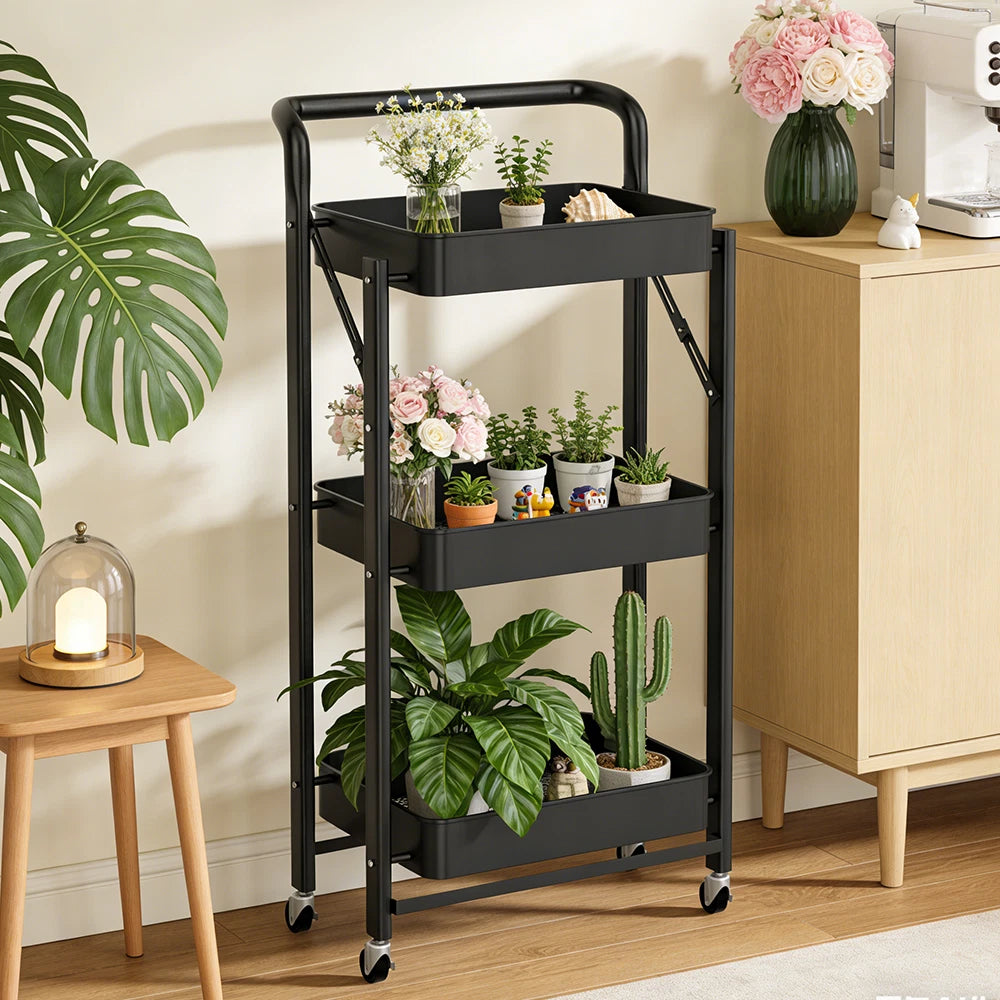 Foldable Storage Trolley Kitchen Cart 3 Tiers Rack Shelf Organiser Wheels Basket