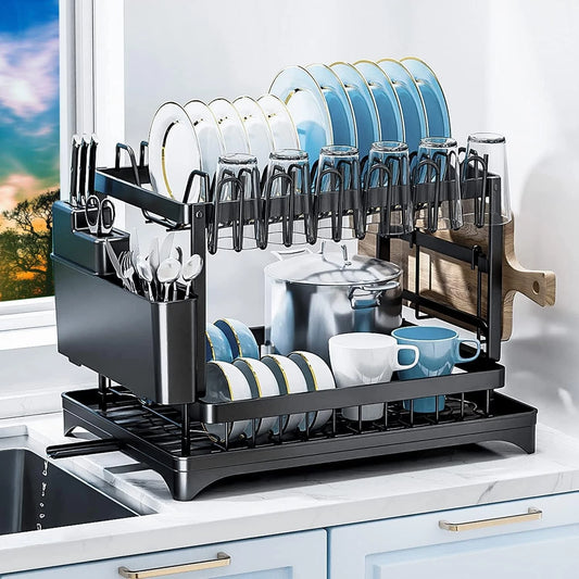 Detachable 2-Tier Stainless Steel Dish Drying Rack with 360° Swivel Drainage