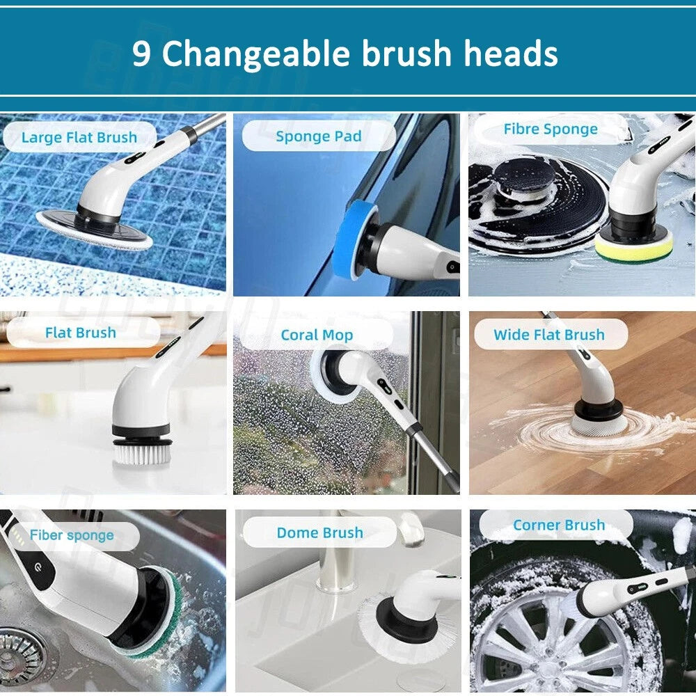 Rechargeable Cordless Spin Scrubber Electric Turbo Scrub Cleaning Brush 9 Heads