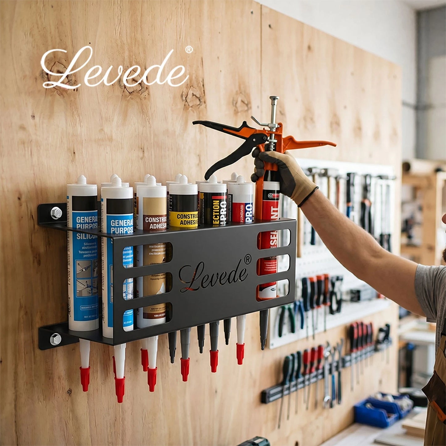 Levede 12 Hole Caulk Holder Wall Mount Silicone Sealant Tube Storage Rack Steel
