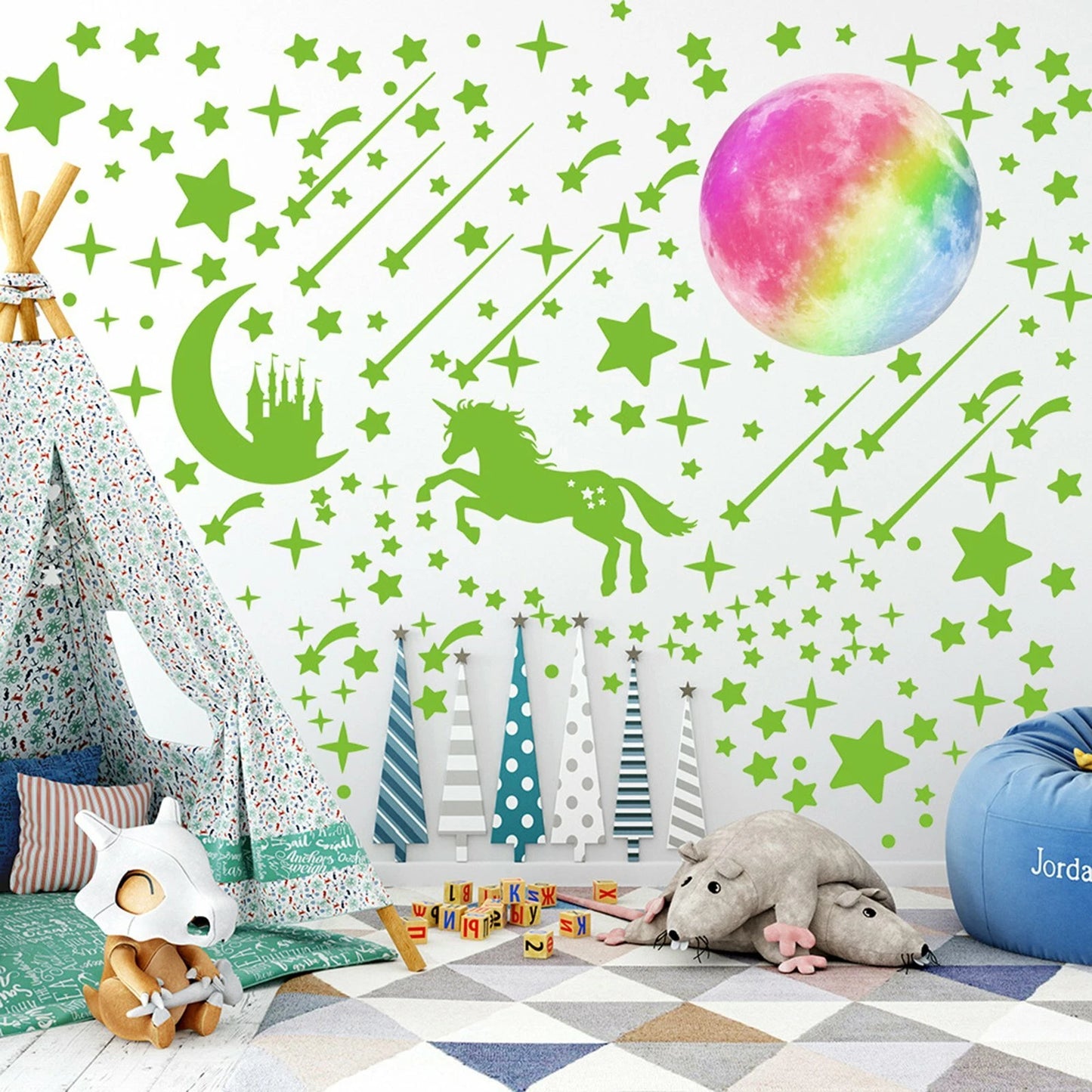 297pcs Glow In The Dark Rainbow Moon Stars  Unicorn Wall Sticker Kids Room Decor