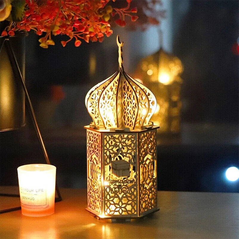 Eid Mubarak Muslim Led Night Lamp Ramadan Decoration Light Wooden Lantern Gift
