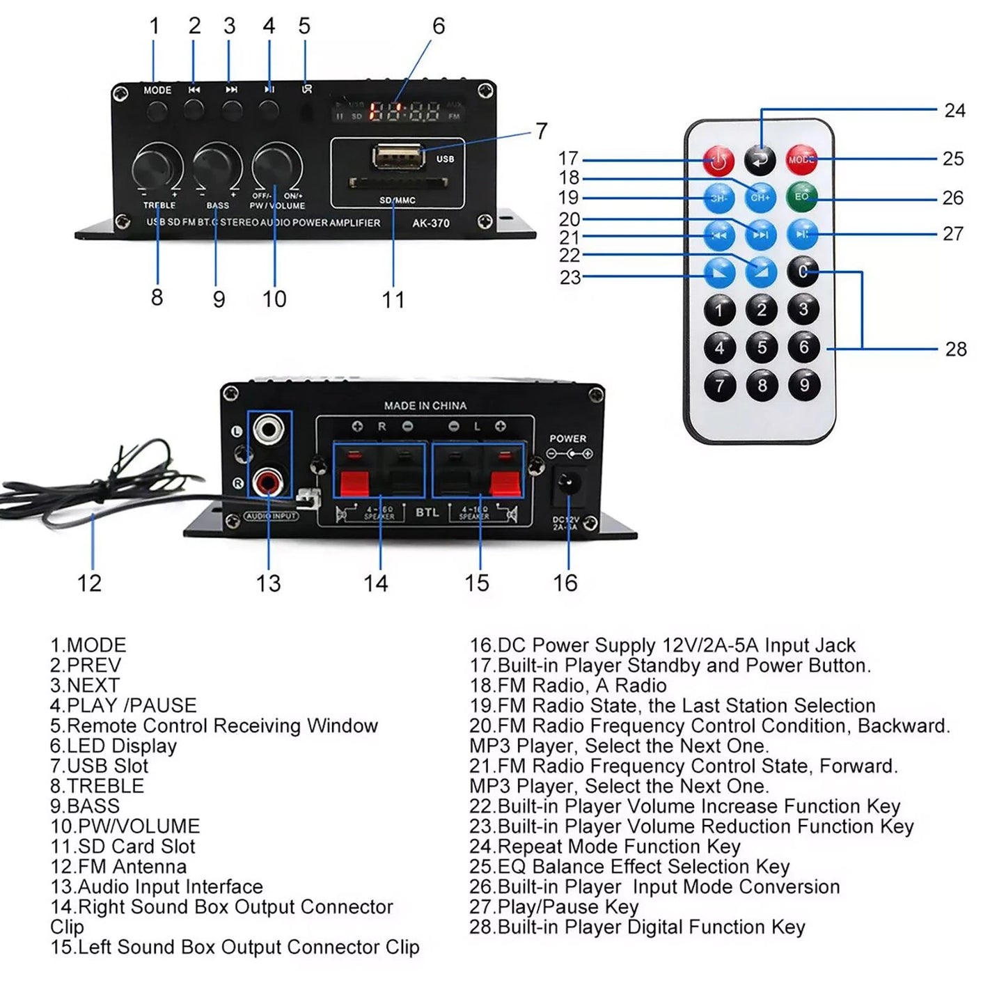 12V HiFi Bluetooth Power Amplifier Mini Stereo Audio FM Car Home AMP Remote 400W