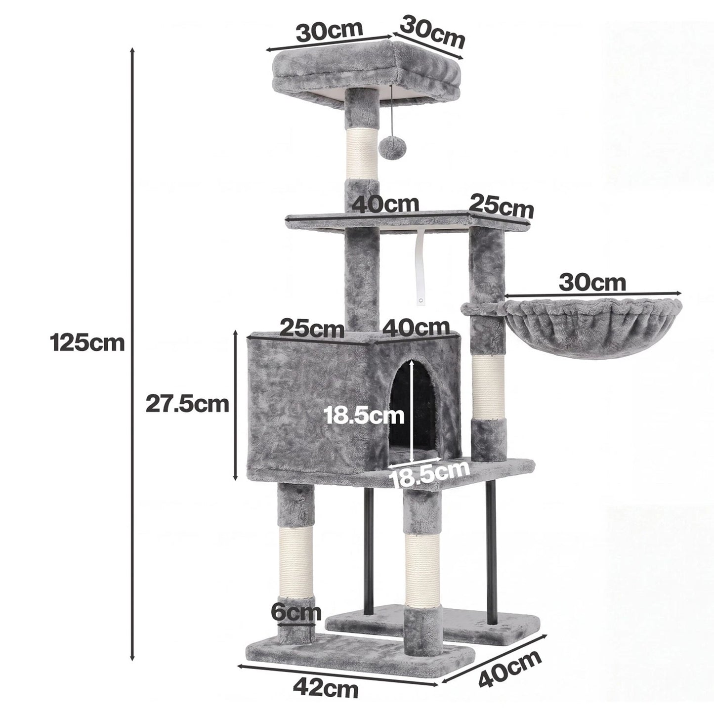 Pawz Cat Tree Cat Tower Multi-Level Cat Bed with Condo 125cm Plush Gray