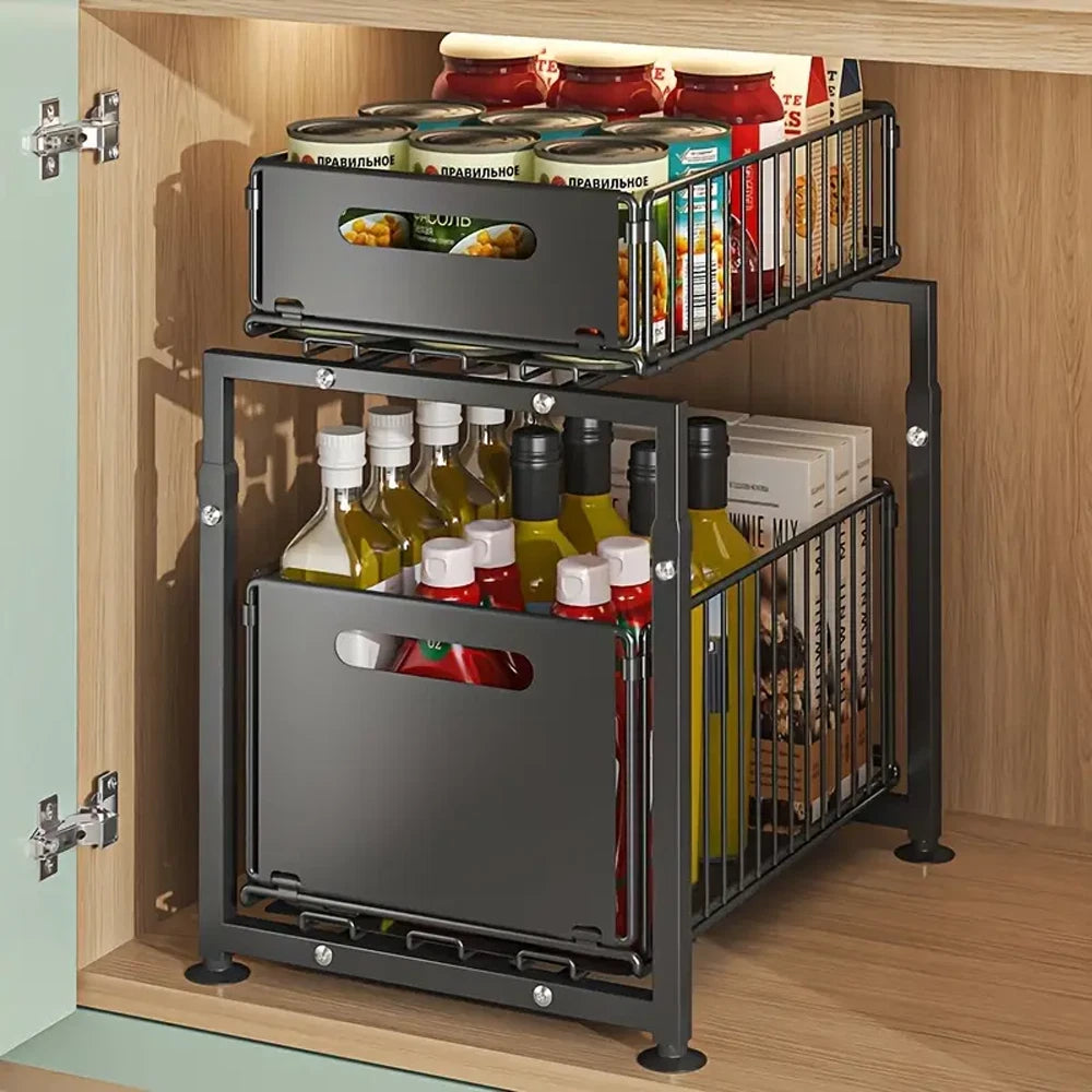 Large 2 Tier Pull Out Basket Kitchen Under Sink Cupboard Organiser Storage Rack