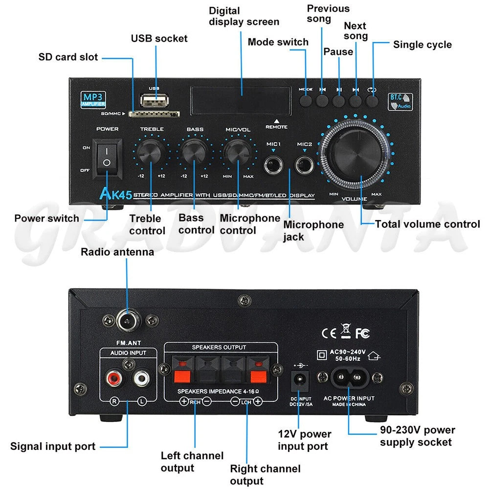 600W 2 Channel Bluetooth Mini HIFI Power Amplifier Audio Stereo Amp Home Car FM