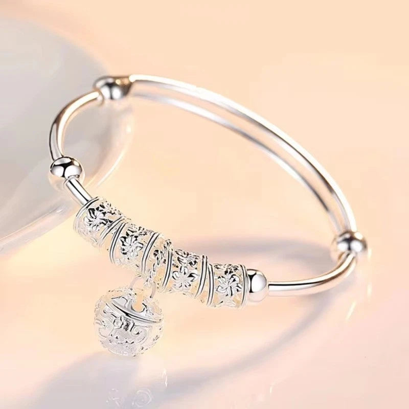 925 Sterling Silver Hollow Bell Bangle – Adjustable Bracelet for Women