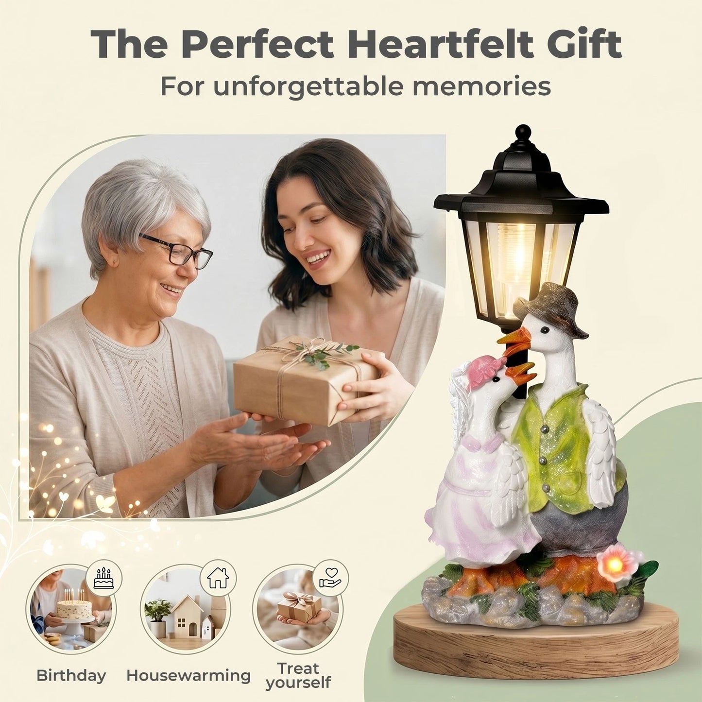 Emitto Duck Statue Solar Light Garden Resin White Green Pink