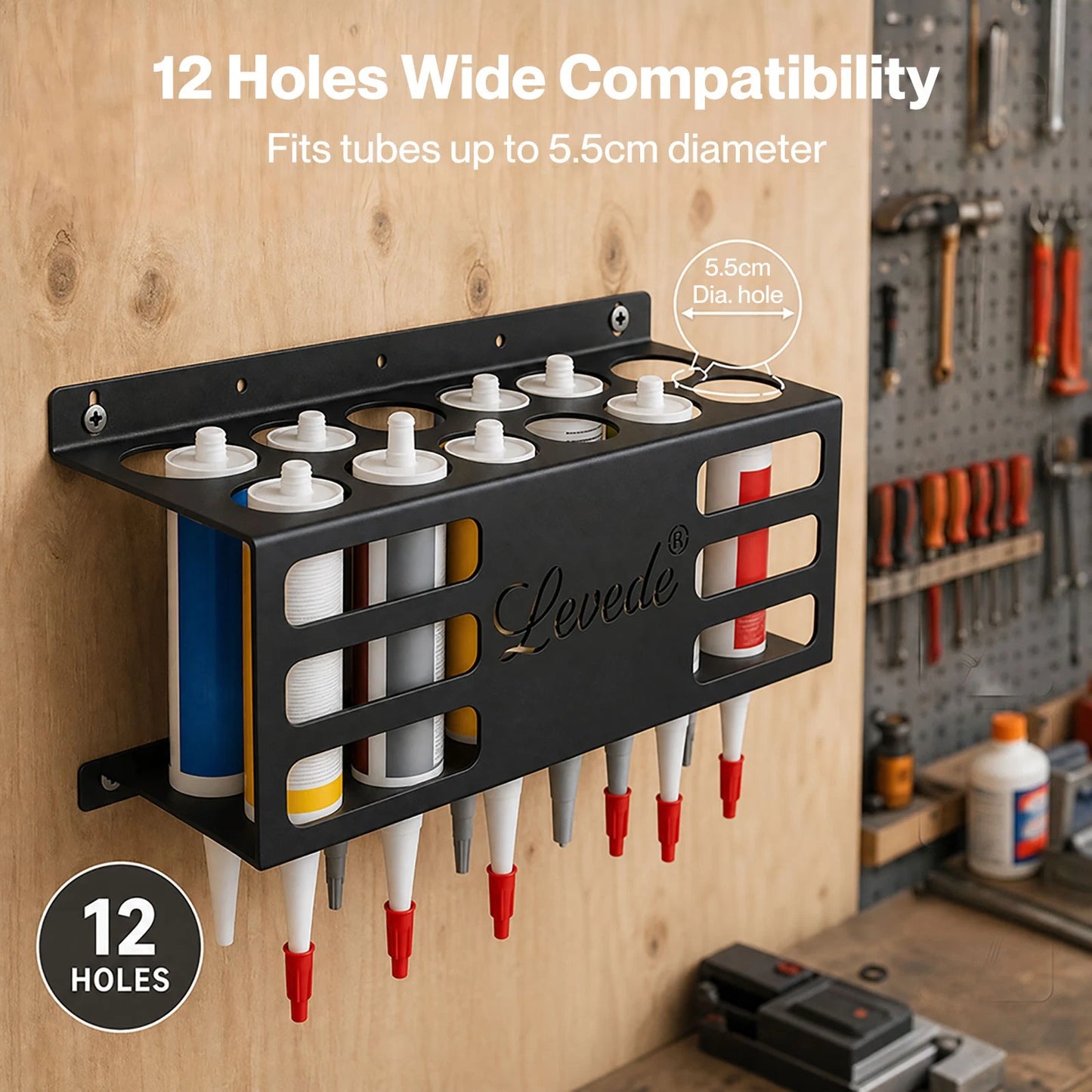 Levede 12 Hole Caulk Holder Wall Mount Silicone Sealant Tube Storage Rack Steel