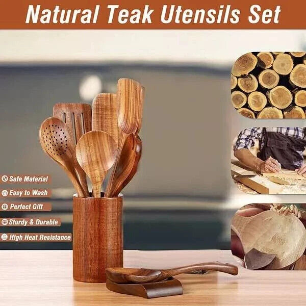 Natural Wooden Kitchen Utensil with Spoon Rest Holder 9pcs Cooking Spoon Set