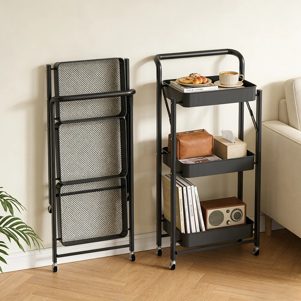 Foldable Storage Trolley Kitchen Cart 3 Tiers Rack Shelf Organiser Wheels Basket