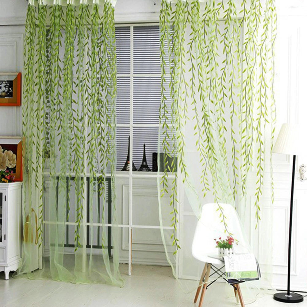 Willow Twigs Voile Sheer Door Window Curtain Drape Green Wall Decor