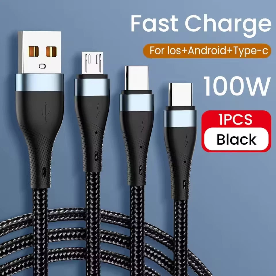 3 in 1 100W Type C Micro USB A/C Fast Charging Cable For Samsung iPhone 17