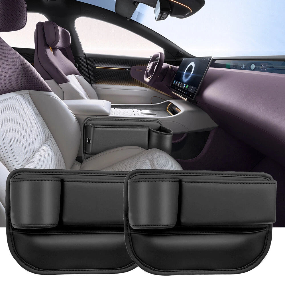 2 Pack Universal Car Seat Gap Filler Organizer Leather Storage Box w/ Cup Holder
