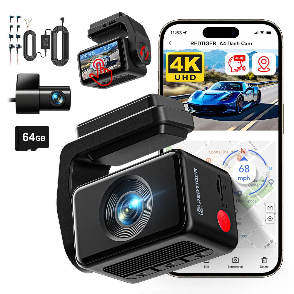 REDTIGER A4 Dash Camera 4K Front and Rear 5.8GHz WiFi Dash Cam With Hardwire kit
