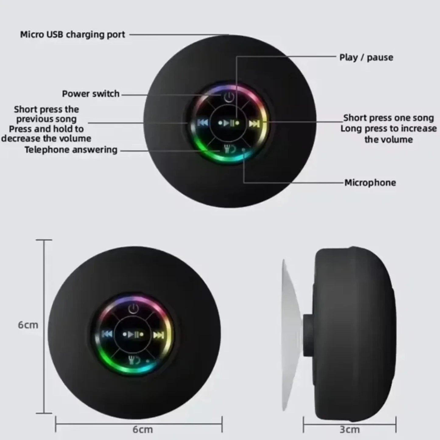 Waterproof Bluetooth Speaker Portable LED Bathroom Shower Wireless Mini Stereo