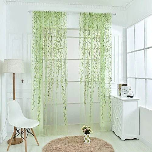 Willow Twigs Voile Sheer Door Window Curtain Drape Green Wall Decor