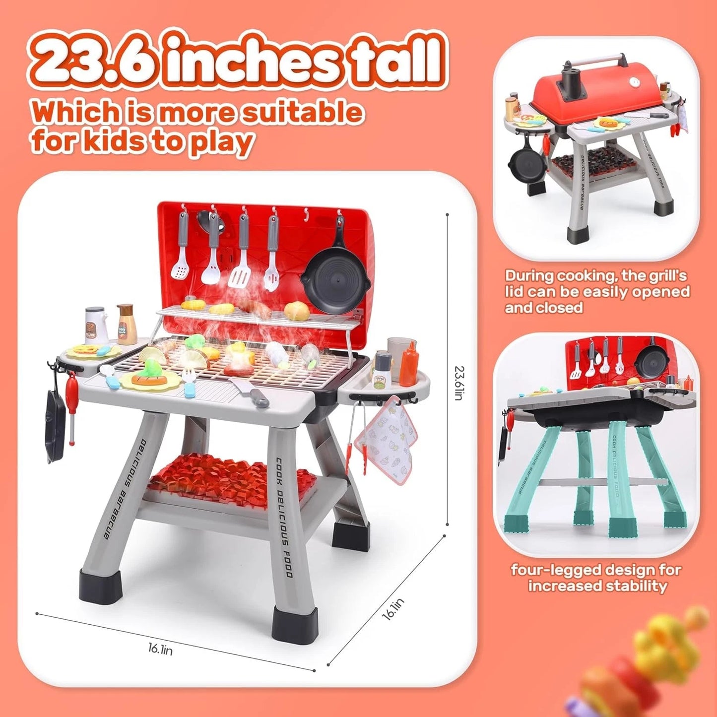 Cute Stone Kids Grill Playset BBQ Set Cooking Toy Pretend Kitchen Playset