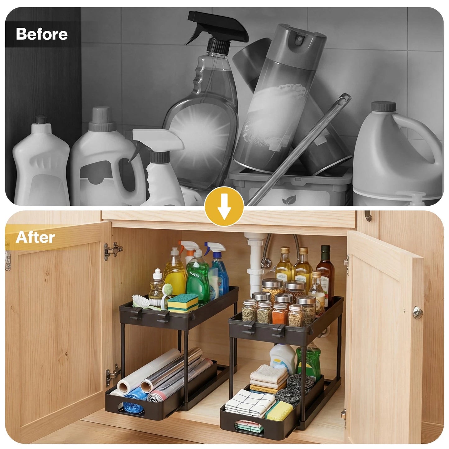 Toque 2 x Under Sink Organizer 2 Tiers Storage Sliding Drainage Kitchen Bathroom