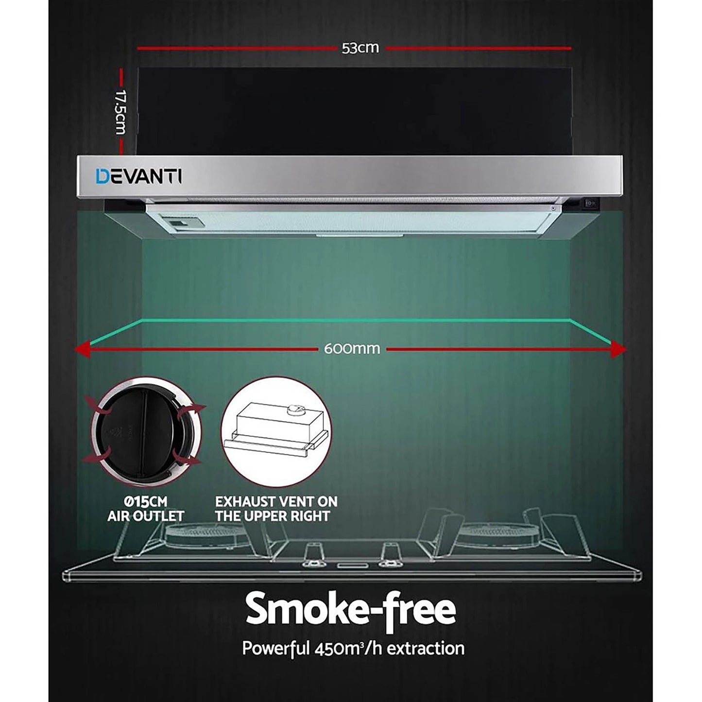 Devanti 600mm Range Hood 60cm Slide out Rangehood Kitchen Canopy Stainless Steel