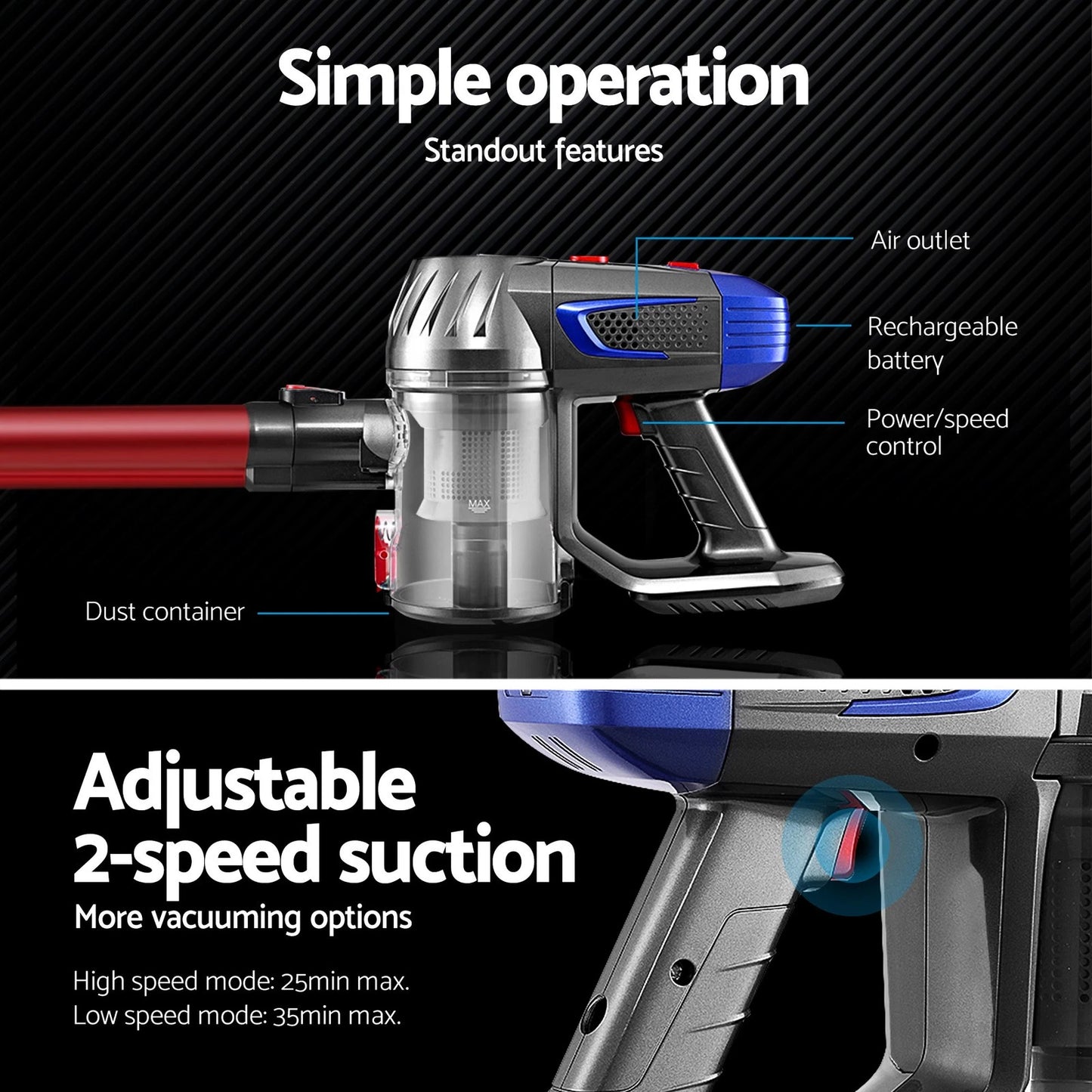 Devanti Stick Vacuum Cleaner Handstick Vac Bagless Handheld Cordless 150W Red