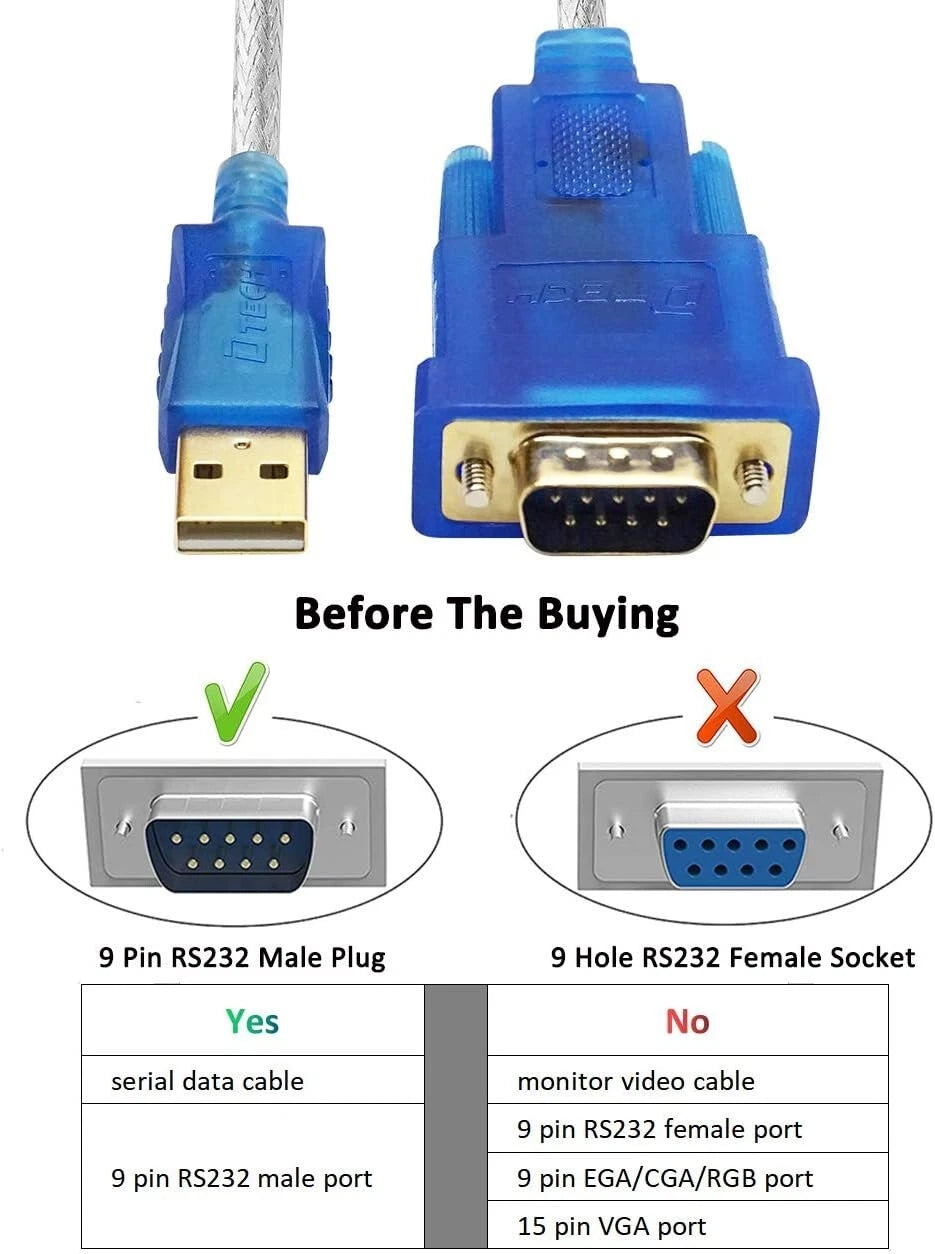 USB to 9-pin DB9 RS232 Serial Cable Adapter Converter Win10 Win8 Win7 32/64bit