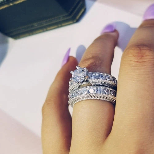 AU Elegant Round Fashion Women's Party White Sparkling Stone Double Ring Gifts
