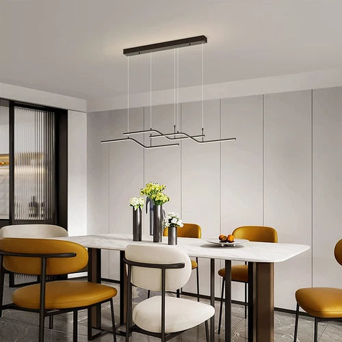 Modern Black Wave Linear Chandelier Dimmable LED Pendant for Dining Room Kitchen