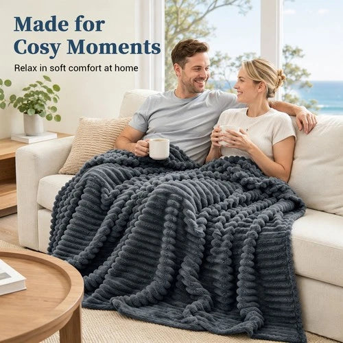 Soft Ribbed Fleece Blanket Luxury Decorative Rug Throw for Couch Bed Single Quee