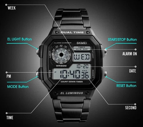 Men Digital LED Watch Date Waterproof Stainless Steel Military Sport Wrist Watch