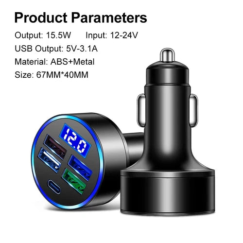 4 Ports USB PD Phone Car Charger Adapter LED Display Fast Charging Accessories