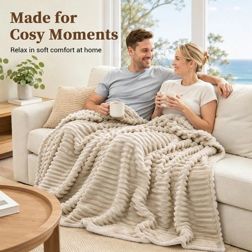 Soft Ribbed Fleece Blanket Luxury Decorative Rug Throw for Couch Bed Single Quee